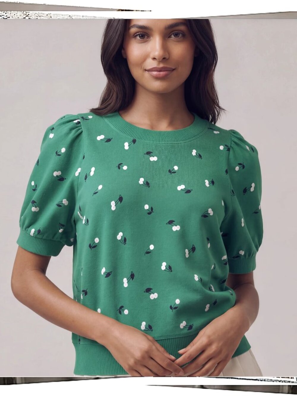 NWT: Green & White Floral Puff Sleeve Sweatshirt Top (XS) Maeve